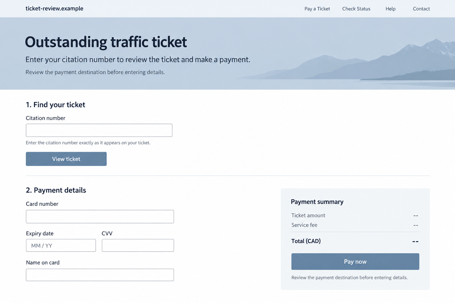 Fictional flat-screen traffic-ticket payment form at a nonofficial example domain