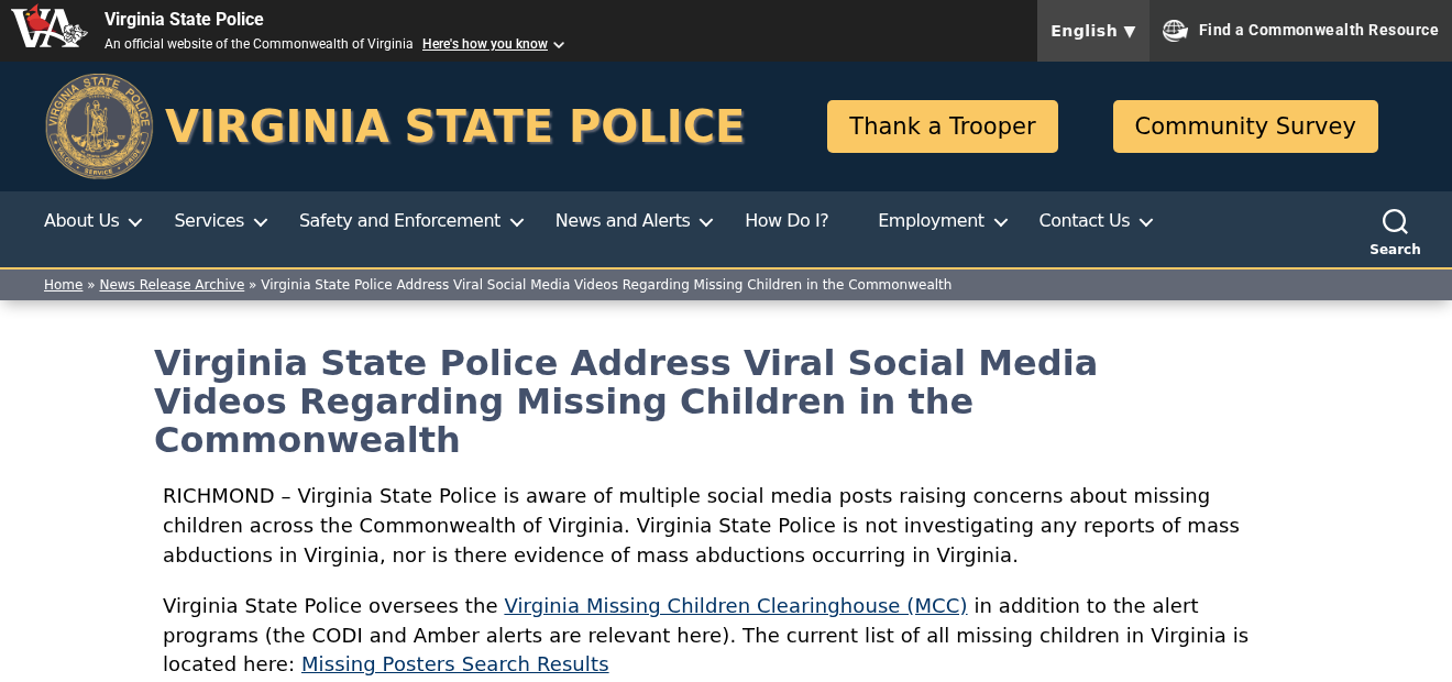Virginia State Police news release titled Virginia State Police Address Viral Social Media Videos Regarding Missing Children in the Commonwealth, saying there is no evidence of mass abductions