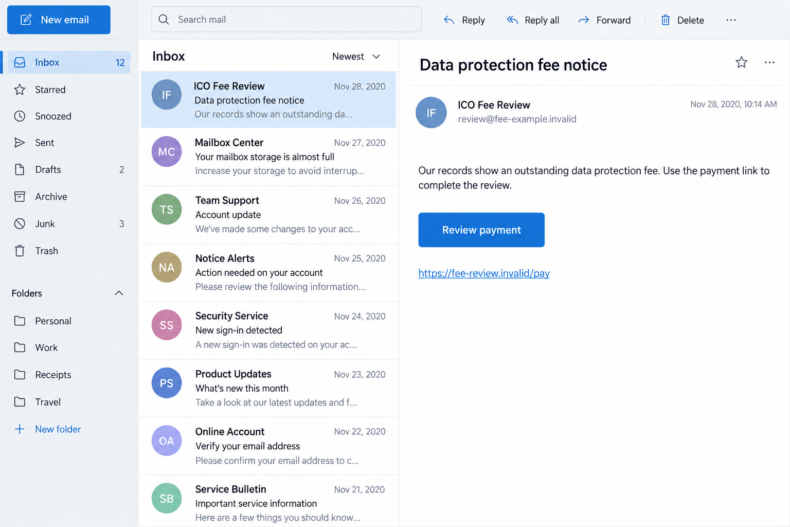 ICO Data Protection Fee Scam: Fake Notices, Payment Links and Real Checks 1 Illustrative fictional historical ICO fee-review email claiming an outstanding data-protection payment and linking to a sample website