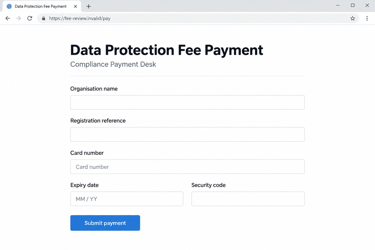ICO Data Protection Fee Scam: Fake Notices, Payment Links and Real Checks 2 Illustrative fictional compliance-payment page requesting organization and card details under an ICO-fee pretext