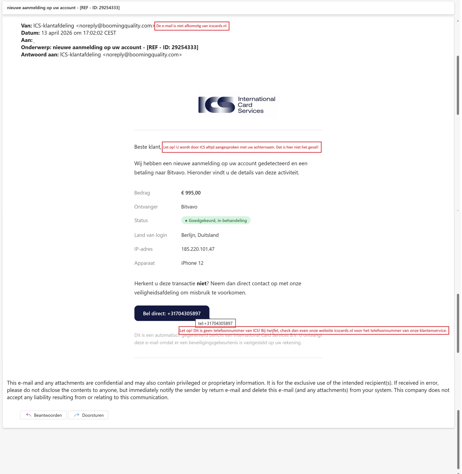 Original phishing email example published by ICS showing a fabricated Bitvavo payment and a false callback number