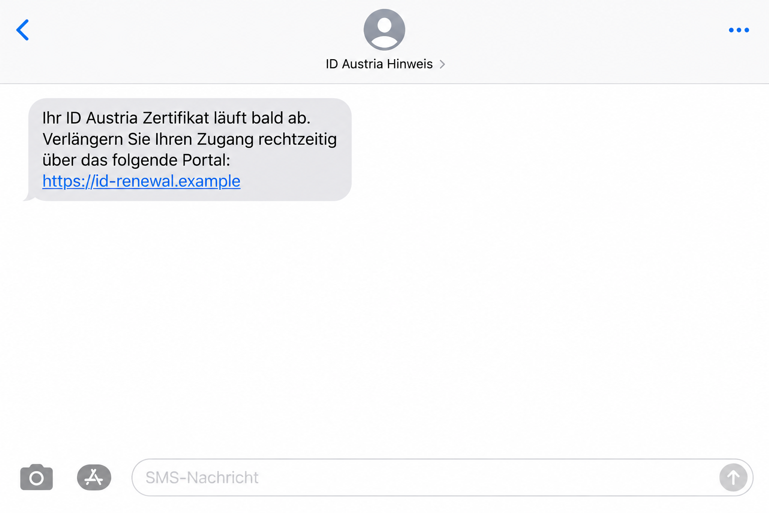 ID Austria Renewal Text Scam: Fake Expiry Alerts Want Your Banking Data 1 Illustrative false ID Austria certificate-expiry text with a fictional renewal link