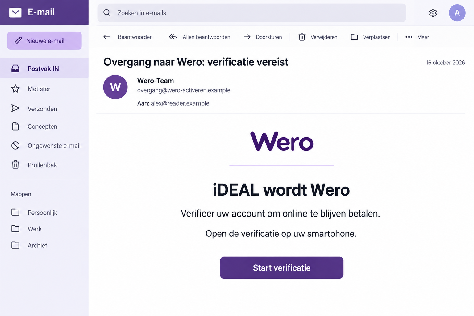 Illustrative false iDEAL to Wero activation email directing the reader to a fictional verification service