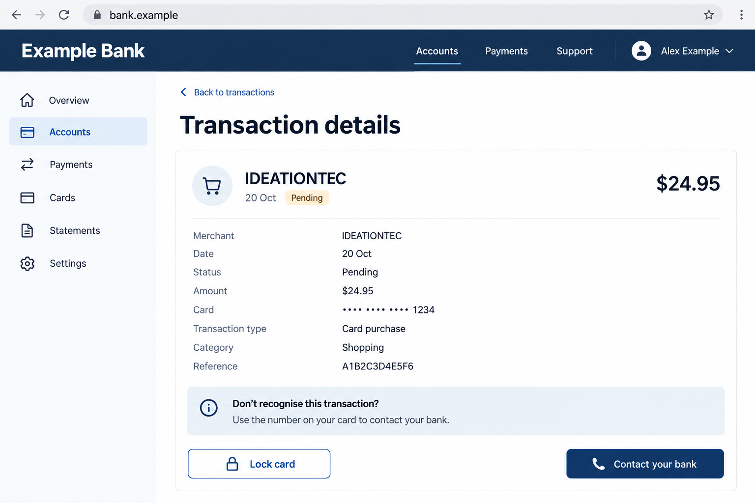 Illustrative bank.example transaction screen showing an unfamiliar IDEATIONTEC descriptor and card security options