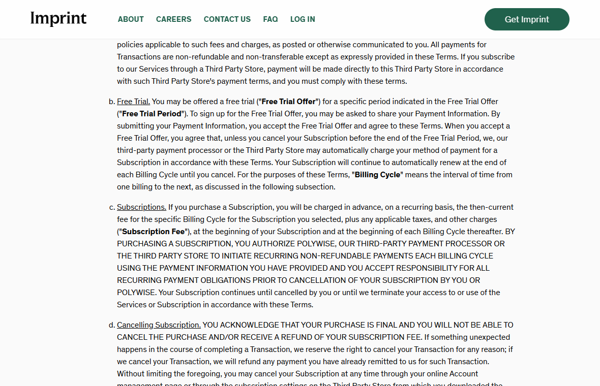 Imprint terms explaining that a free trial becomes a recurring paid subscription unless canceled