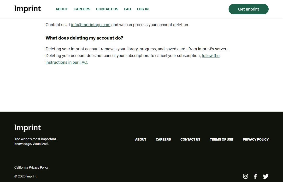 Imprint deletion page stating that removing an account does not cancel the subscription