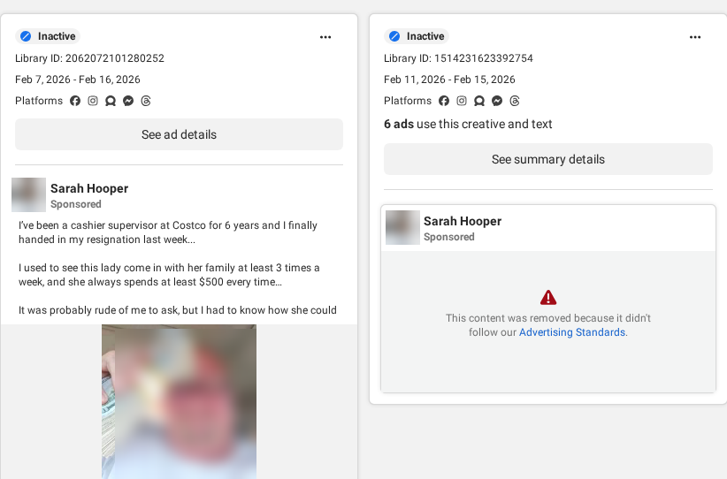Meta Ad Library cards for Income Team X ads, one telling a Costco cashier resignation story and one removed for breaking advertising standards