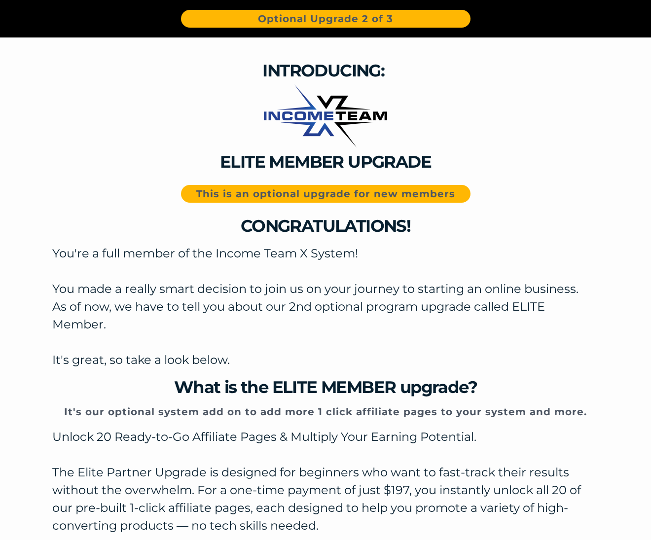 Income Team X Elite Member upgrade page, optional upgrade 2 of 3, offering 20 affiliate pages for a one-time $197
