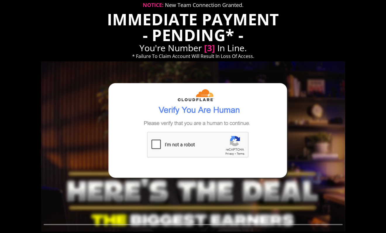 Income Team X sales page announcing an immediate payment pending, with a video start screen dressed up as a Cloudflare human check