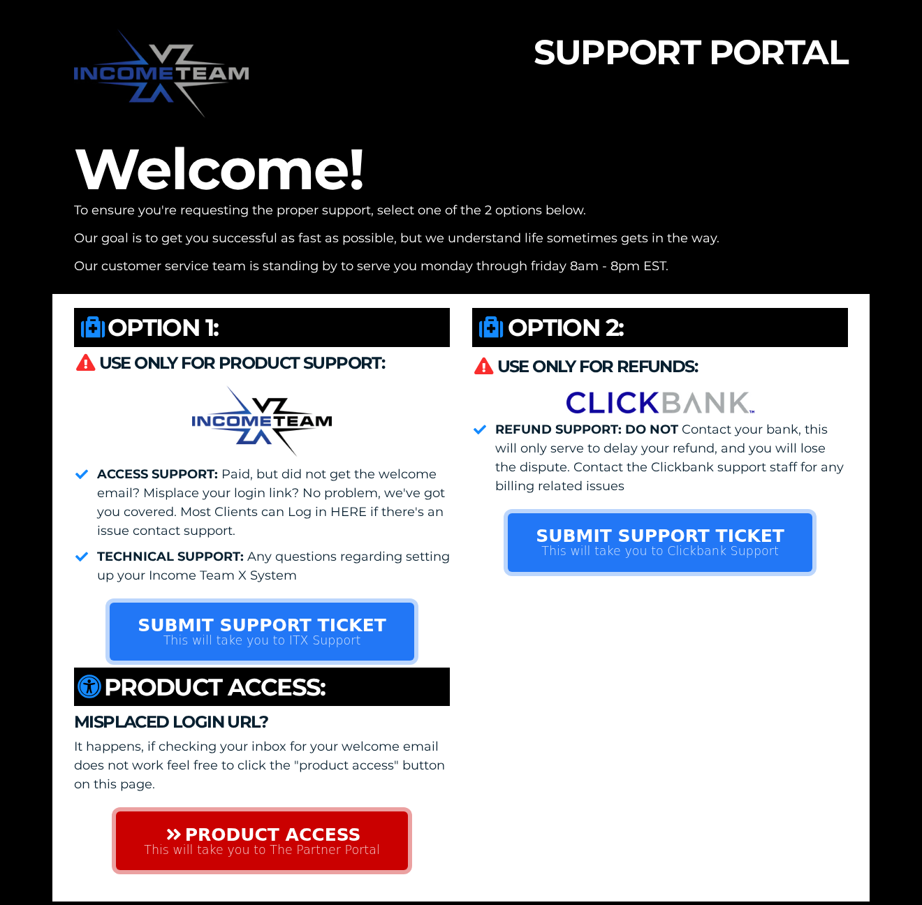 Income Team X support portal telling buyers not to contact their bank and warning they will lose the dispute