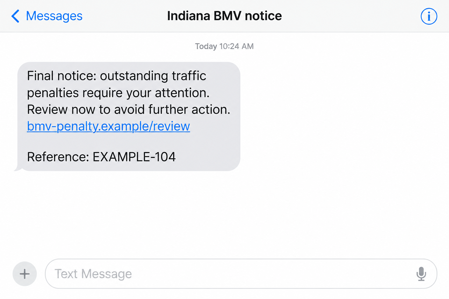 Indiana BMV Text Scam: Fake Payment Receipts Make the Penalty Trap Worse 1 Illustrative Indiana BMV impersonation text with a final-notice claim and a nonfunctional example-domain review link