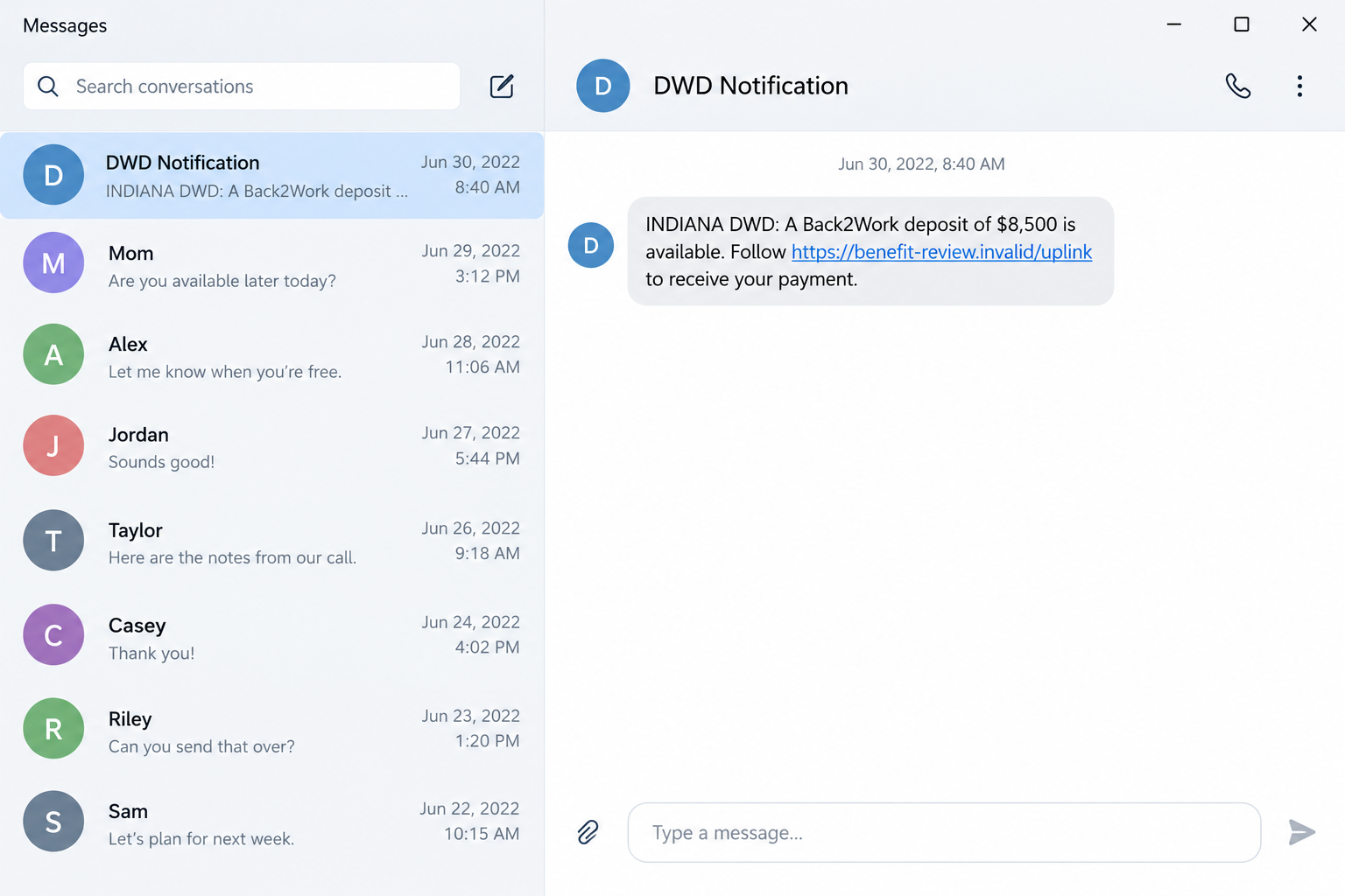 Illustrative reconstruction of a historical fake Indiana DWD text claiming a Back2Work deposit through a fictional link