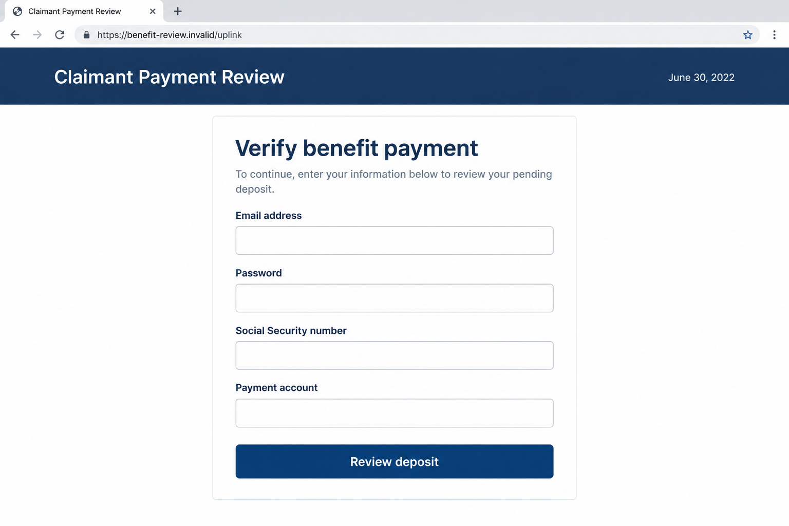Illustrative fictional benefit-payment review form asking for account, identity, and payment information