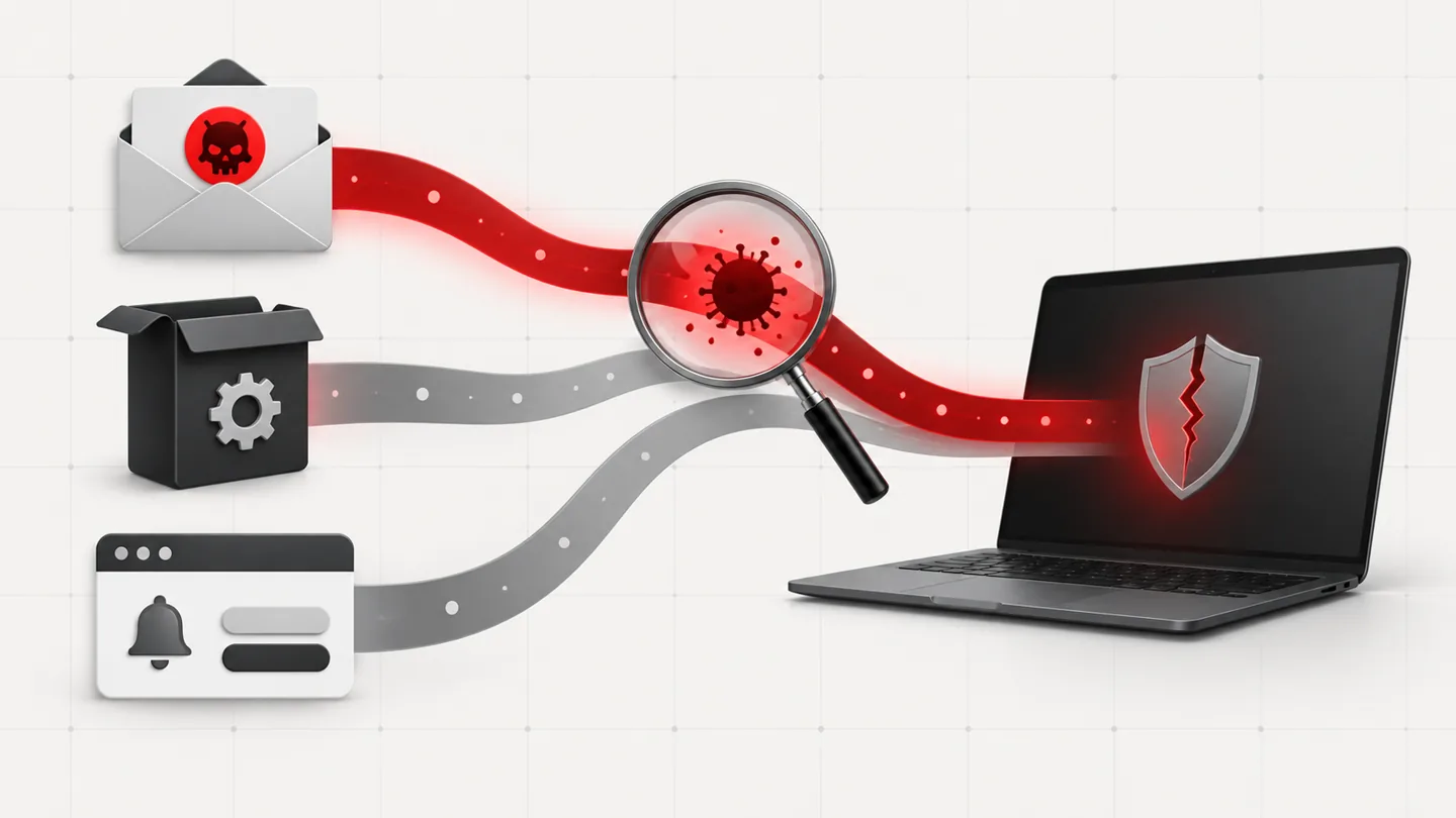 Illustration of downloads, messages, and browser permissions leading toward a computer security checkpoint