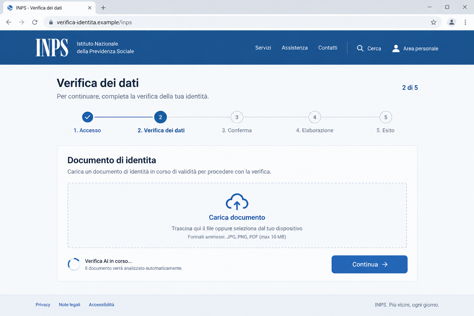 INPS Document Upload Scam: Fake AI Checks Steal IDs, Payslips and Selfies 1 Illustration of an INPS impersonation portal requesting an identity document and displaying an AI verification message