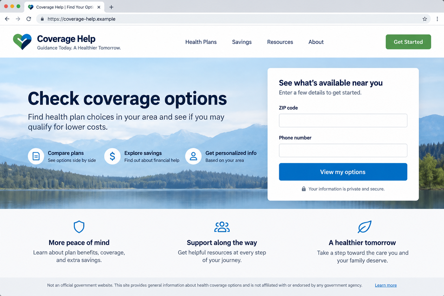 Open Enrollment Health Insurance Ad Scam: Fake Government Sites Exposed 2 Illustrative health plan landing page with a non-government disclosure