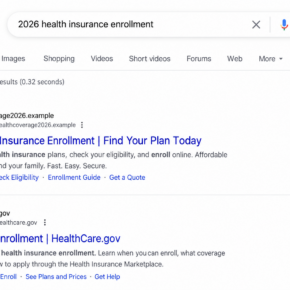 Illustrative health insurance search results with a sponsored lookalike listing