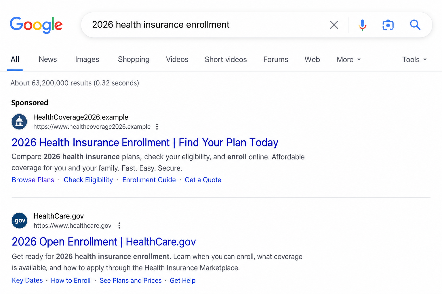 Open Enrollment Health Insurance Ad Scam: Fake Government Sites Exposed 1 Illustrative health insurance search results with a sponsored lookalike listing