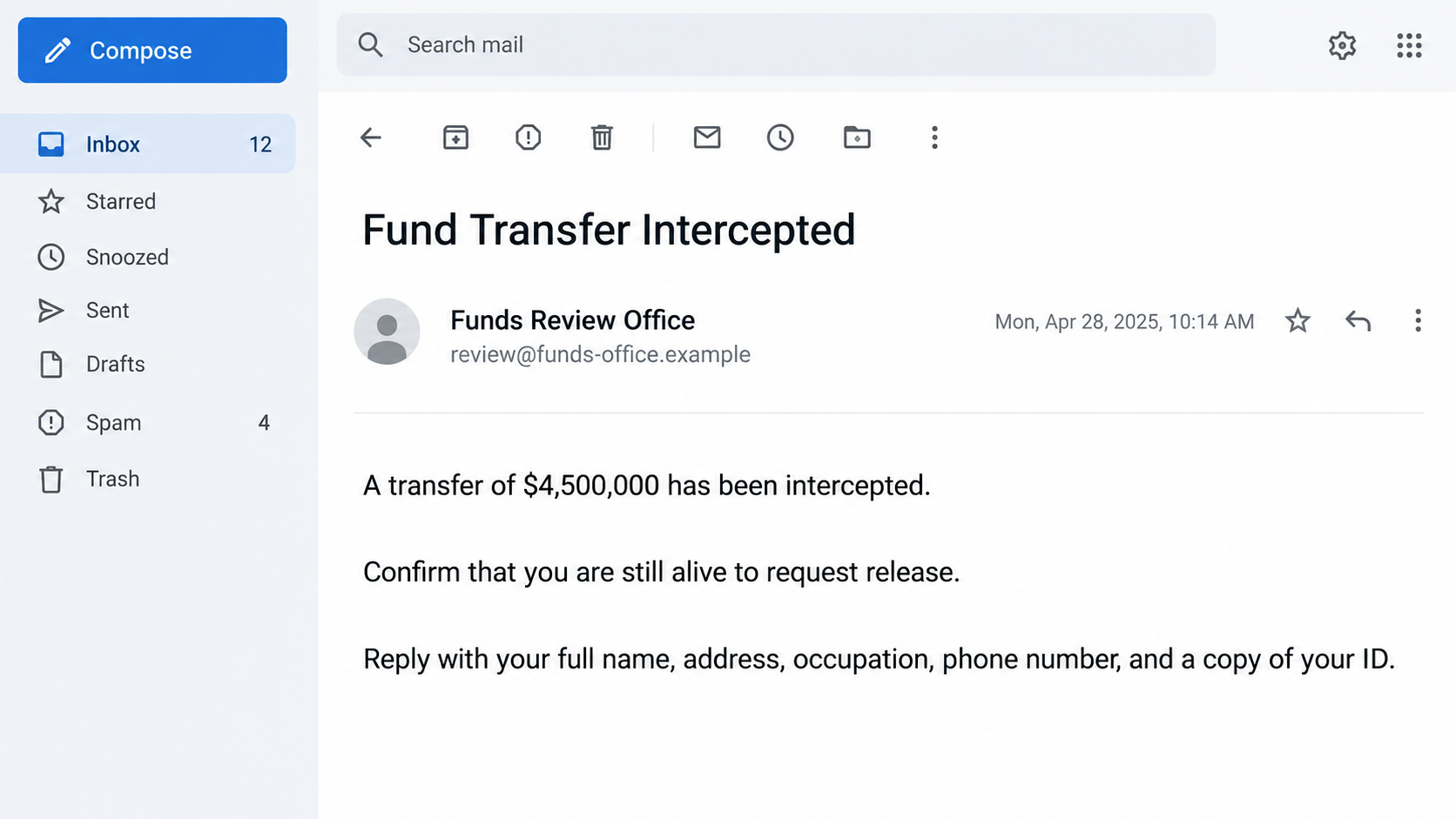 Illustrative Fund Transfer Intercepted email requesting proof of life and identity information through a fictional address