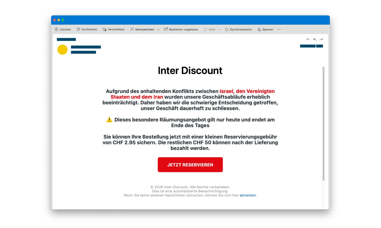 Interdiscount Clearance Email Scam: A CHF 2.95 Fee That Puts Cards at Risk 1 Original false Interdiscount clearance email advertising a CHF 2.95 reservation and CHF 50 after delivery