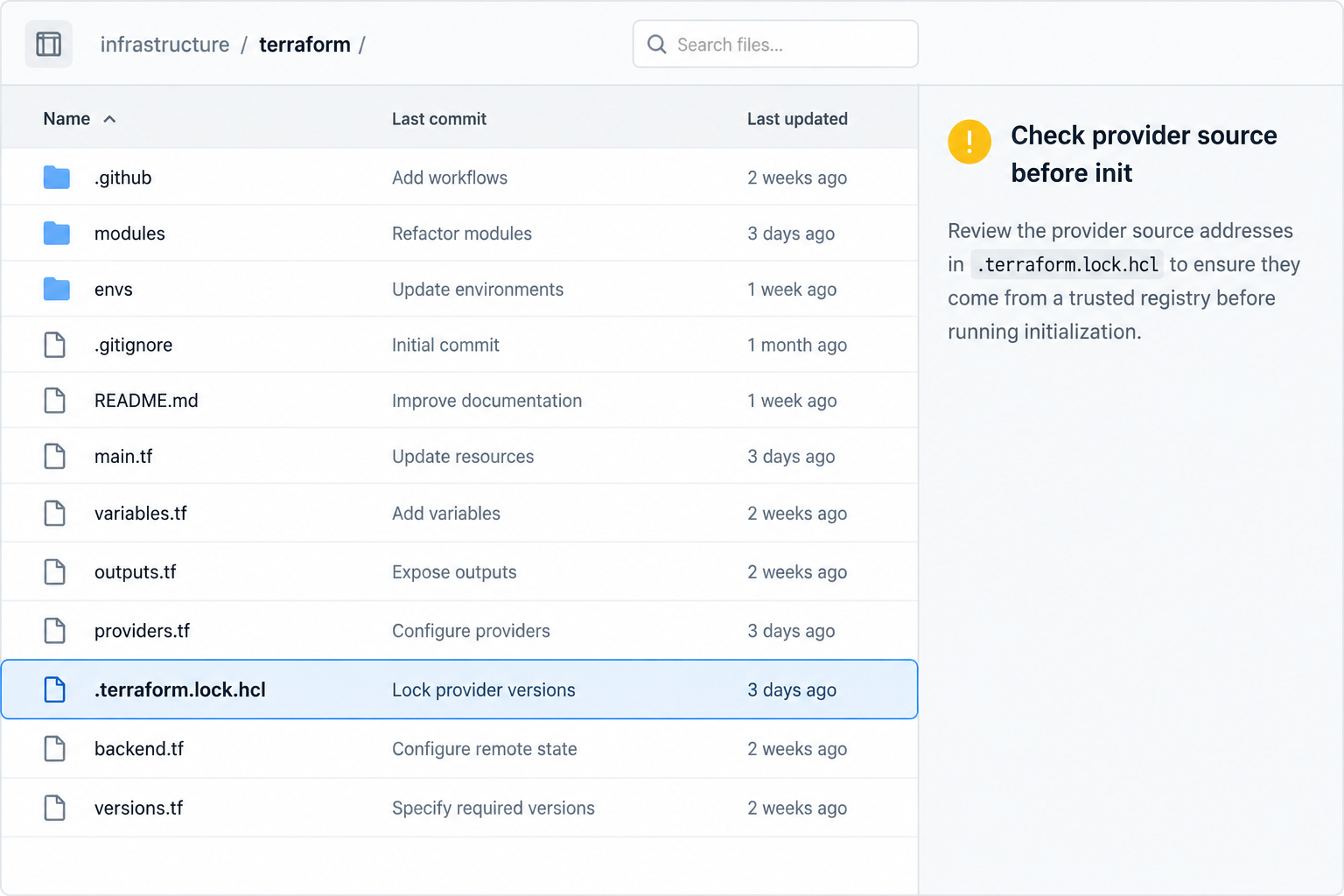 Fake Terraform Job Interview Scam: Malicious Provider Download Exposed 2 Illustrative repository view highlighting a Terraform lock file and the need to verify provider sources