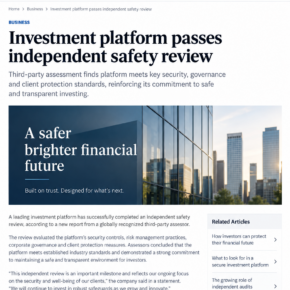 Illustrative fake business-news investment safety review page on a fictional domain
