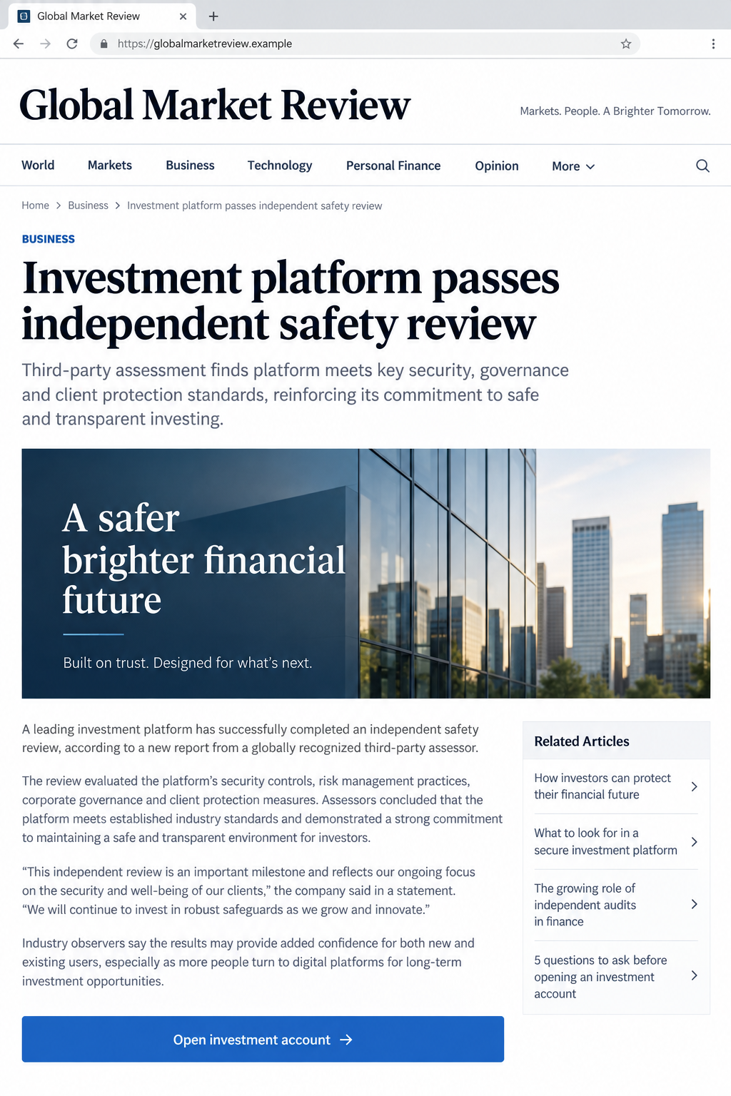 Fake Reuters Investment Review Scam Exposed: How the News Trap Really Works 1 Illustrative fake business-news investment safety review page on a fictional domain