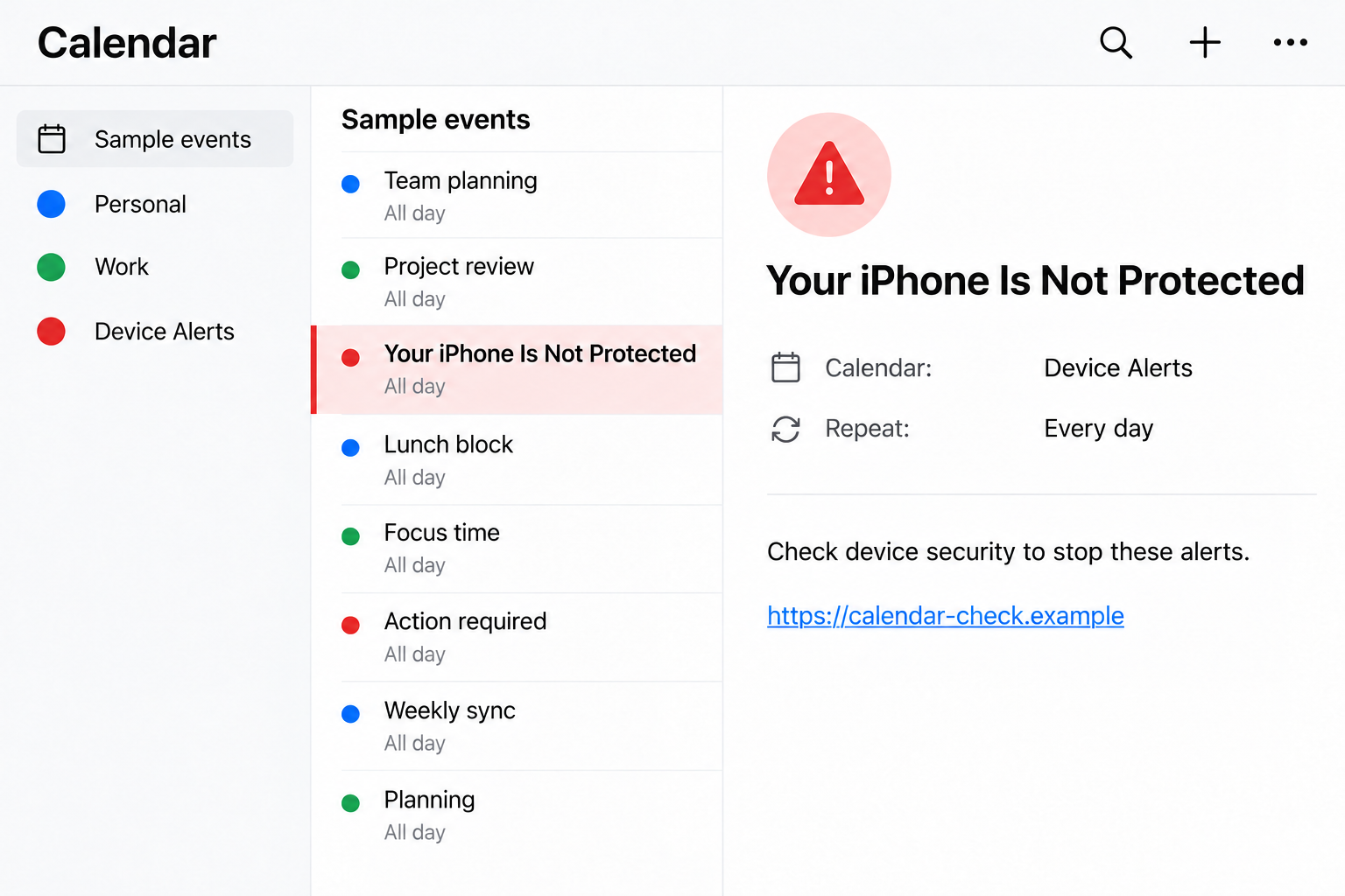 Illustrative spam calendar showing recurring fake iPhone security events and a nonfunctional link, not an authentic Apple screen capture