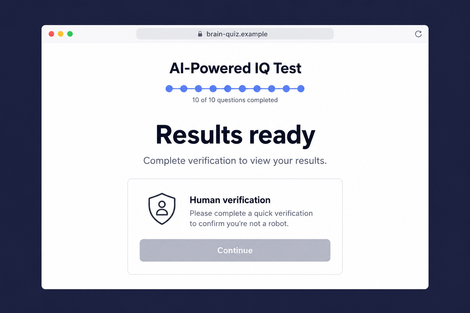 AI-Powered IQ Test Scam Exposed: The Fake Human Check That Runs Malware 1 Illustrative AI-powered IQ quiz completion page requesting human verification, with a fictional example address and no executable command