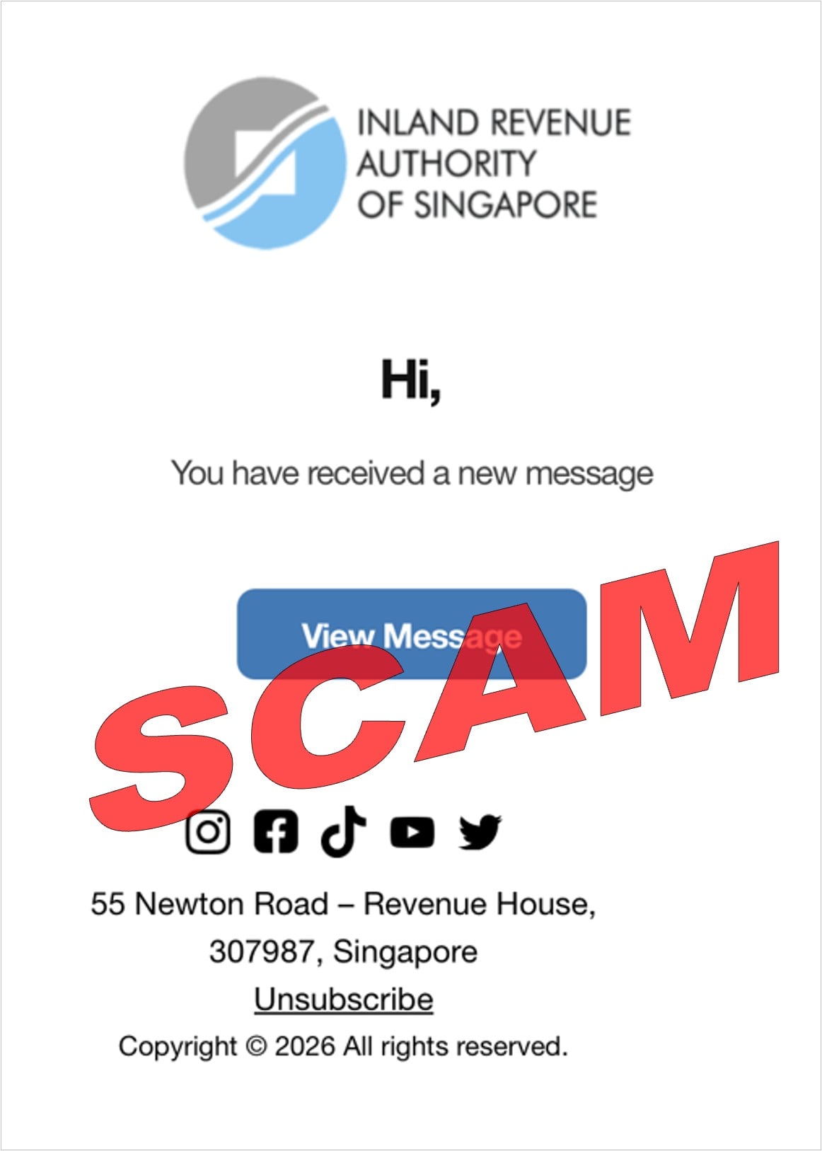 Original fraudulent IRAS new-message email with the agency's red SCAM warning retained