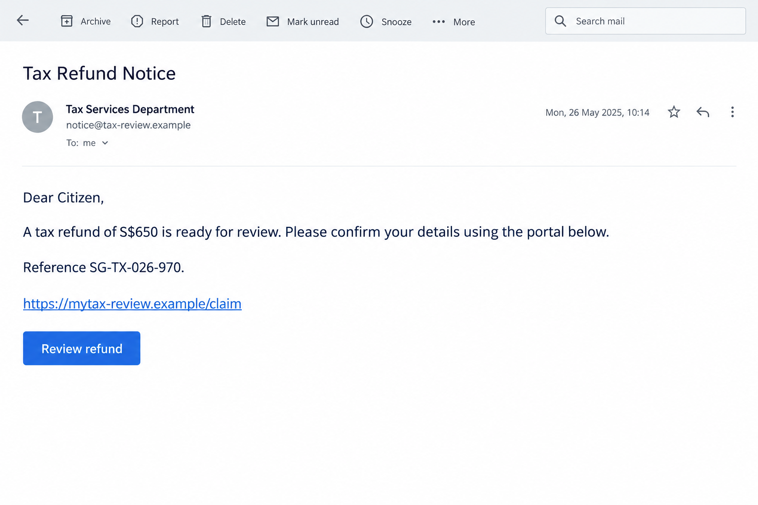 IRAS Tax Refund Scam: The Fake Payout Email That Wants Your Card Details 1 Illustrative tax refund email promising S$650 through a fictional claim link