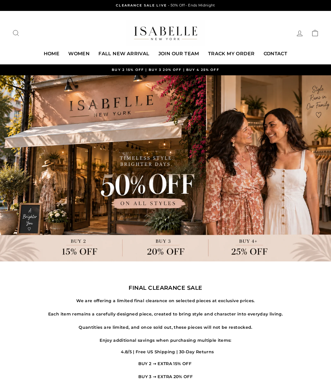 Isabelle New York EXPOSED: China Shipping, Boutique Claims and Return Risks 1 Isabelle New York clearance page showing boutique imagery, 50% sale and multiple-item discounts