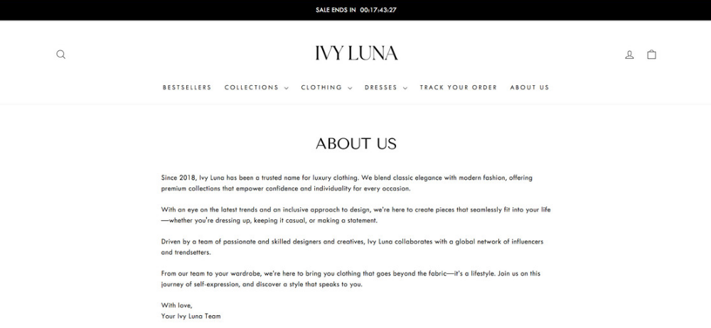 Ivy Luna Reviews: Is Ivy Luna Legit? The London Shop That Ships From China 1 Ivy Luna About Us page from May 2025 claiming the brand had been a trusted name for luxury clothing since 2018