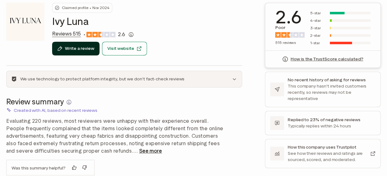 Ivy Luna Reviews: Is Ivy Luna Legit? The London Shop That Ships From China 3 Ivy Luna Trustpilot profile with a 2.6 TrustScore from 515 reviews and a claimed profile since November 2024