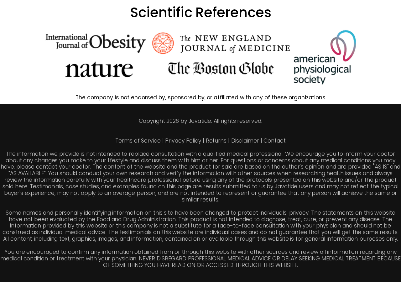 JavaTide footer displaying scientific publication logos and a disclaimer that they do not endorse the company