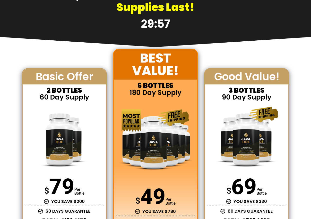 JavaTide sales page showing two, three, and six bottle prices beneath a countdown