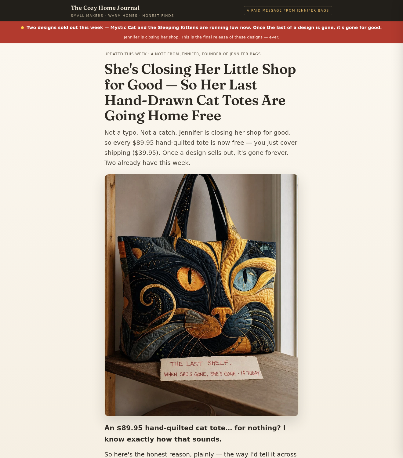 Jennifer Bags: Scam or Legit? The Free Tote and Refund Claims Investigated 1 Jennifer Bags paid advertorial promoting free cat totes with $39.95 shipping and a closing-shop story