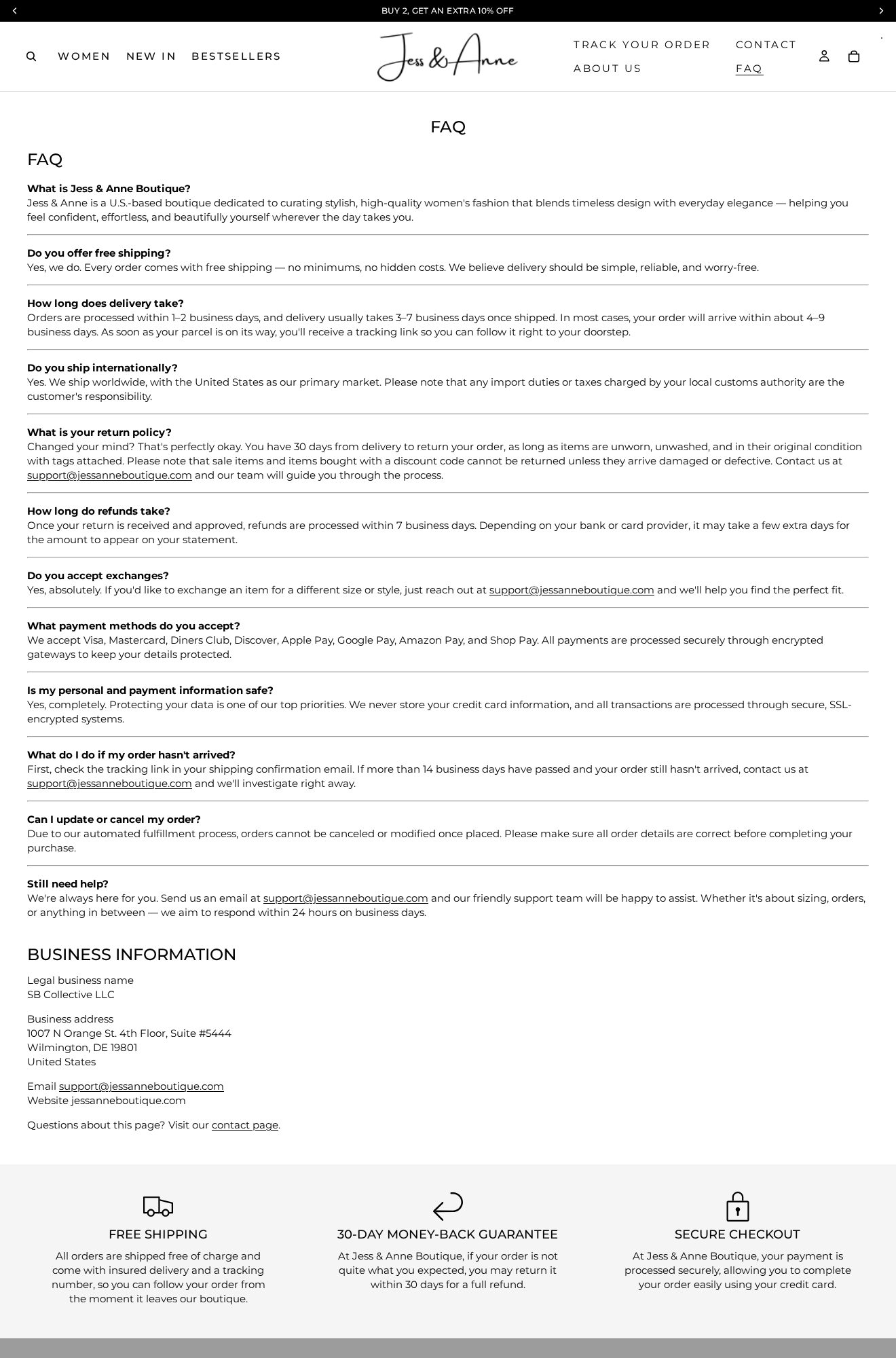 Jess & Anne Boutique Exposed: Scam or Legit? Sale Returns and Seller Checks 2 Jess and Anne FAQ showing the sale-item return exception, no-cancellation rule, SB Collective LLC and broad 30-day guarantee