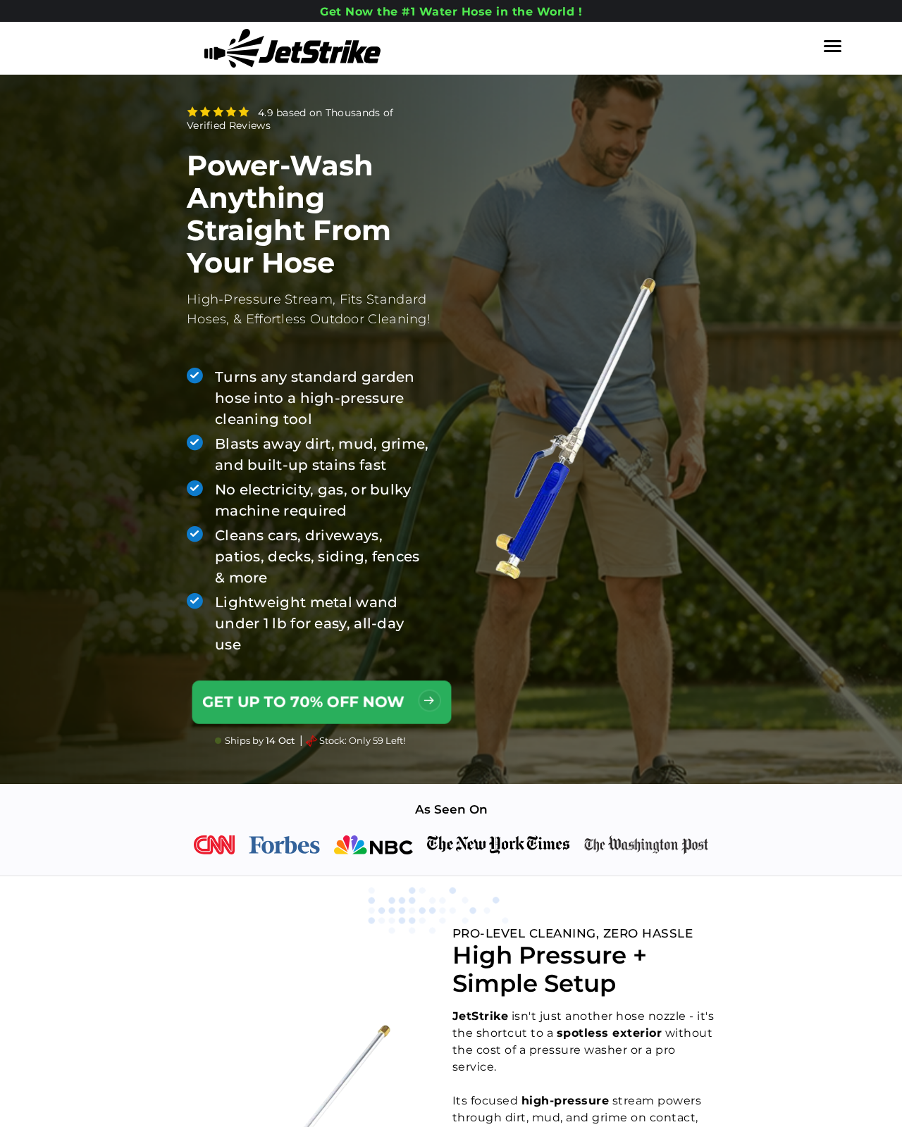 JetStrike Water Hose landing page promising power washing directly from a garden hose and displaying media logos