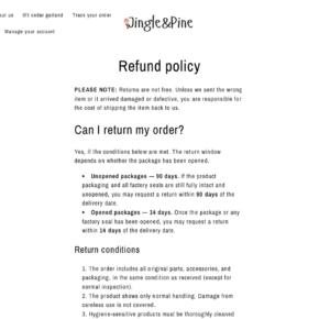 Jingle and Pine refund policy showing separate 90-day unopened and 14-day opened return windows