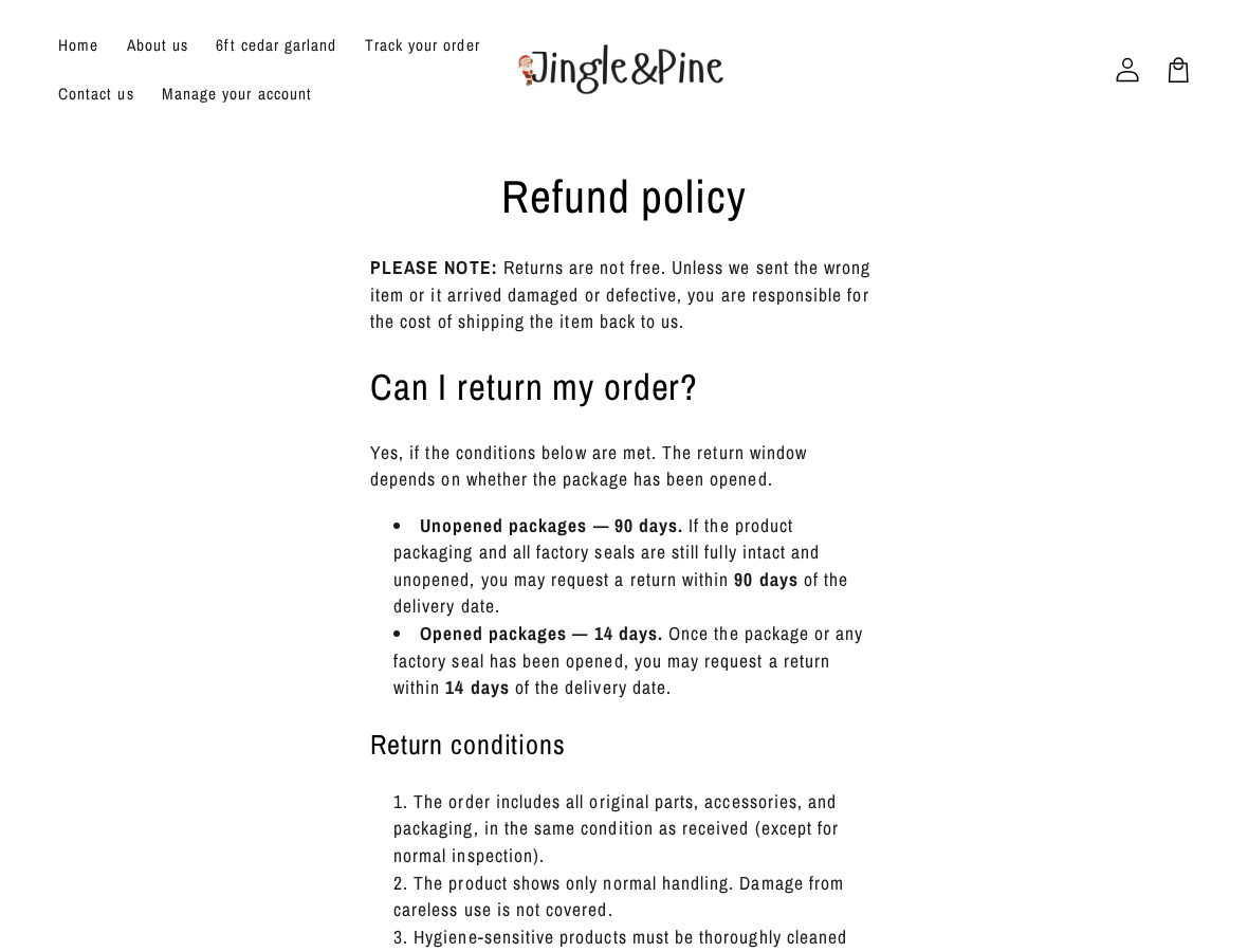 Jingle & Pine Review: 90-Day Promise, 14-Day Returns and Refund Conflicts 1 Jingle and Pine refund policy showing separate 90-day unopened and 14-day opened return windows