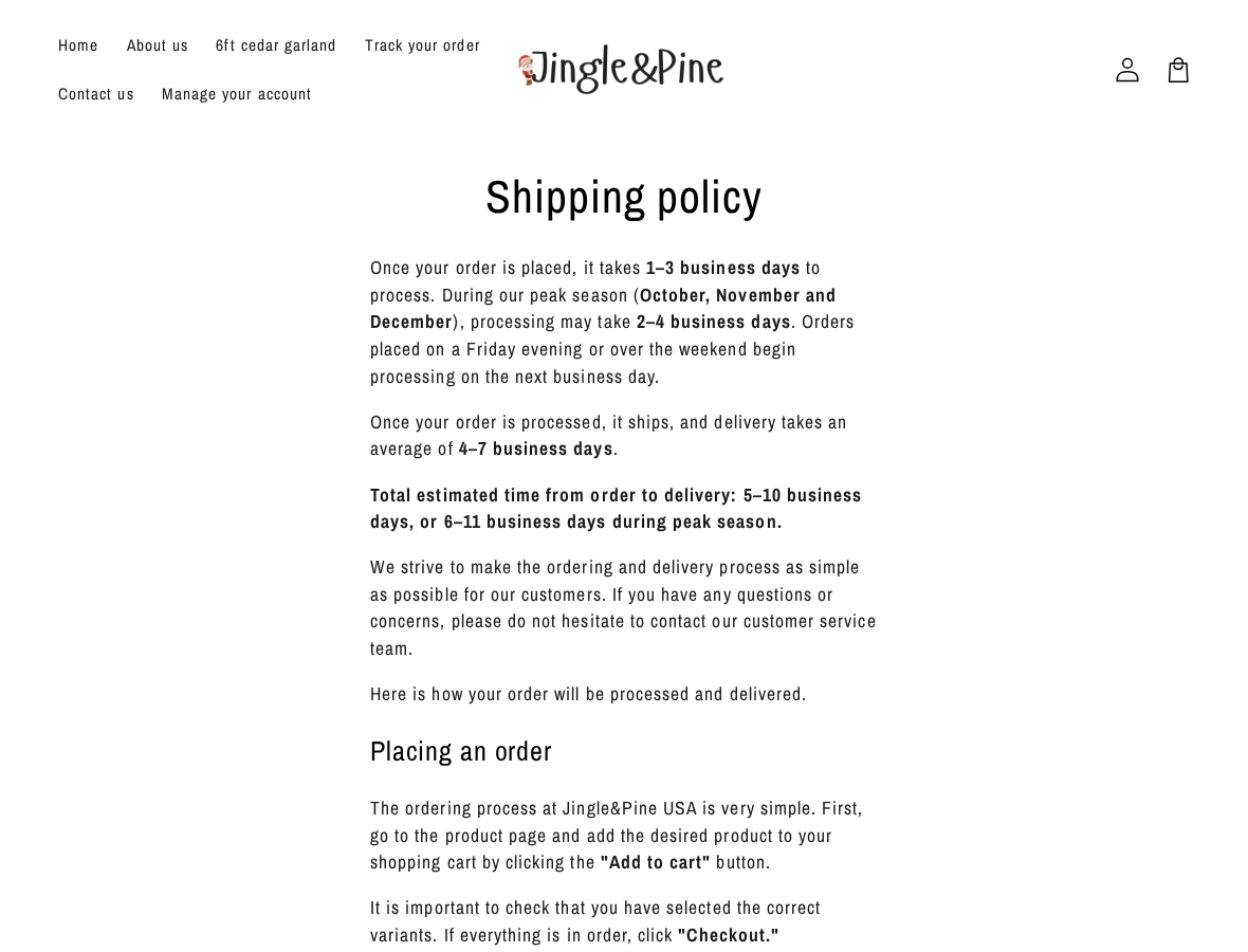 Jingle & Pine Review: 90-Day Promise, 14-Day Returns and Refund Conflicts 2 Jingle and Pine shipping policy separating processing time and estimated delivery during the holiday season