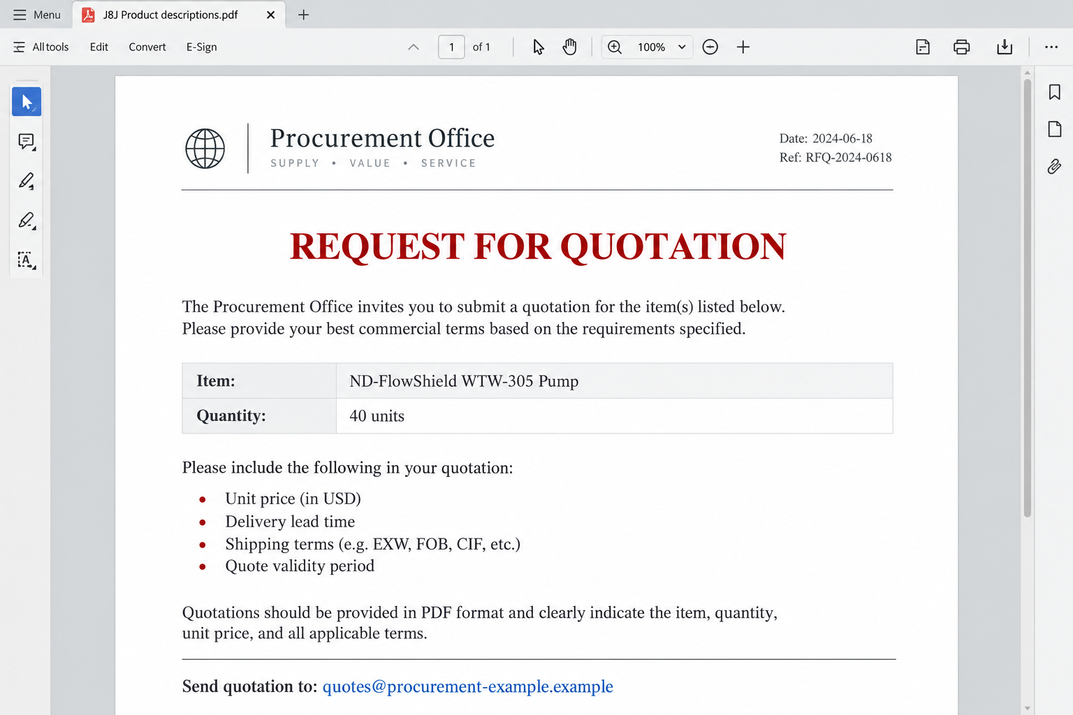 Johnson & Johnson Quotation Request Scam: Fake Pump Order Email Exposed 1 Illustrative PDF quotation request for 40 ND-FlowShield WTW-305 pumps with pricing and delivery requirements