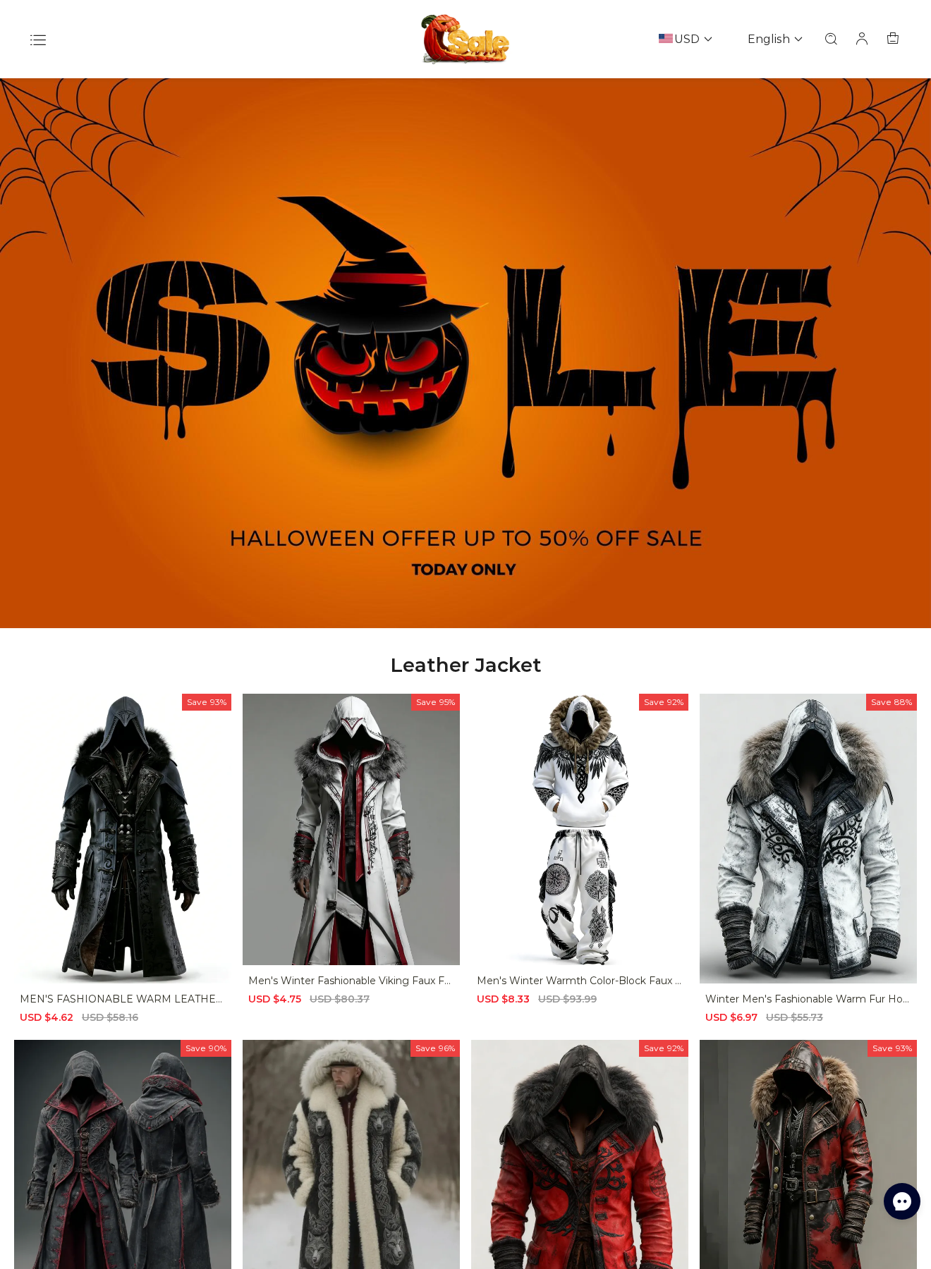 Jolmera Exposed: Scam or Legit? Huge Discounts and Return Rules Examined 1 Jolmera Halloween storefront advertising heavily discounted coats and outfits with USD prices and savings above 90%