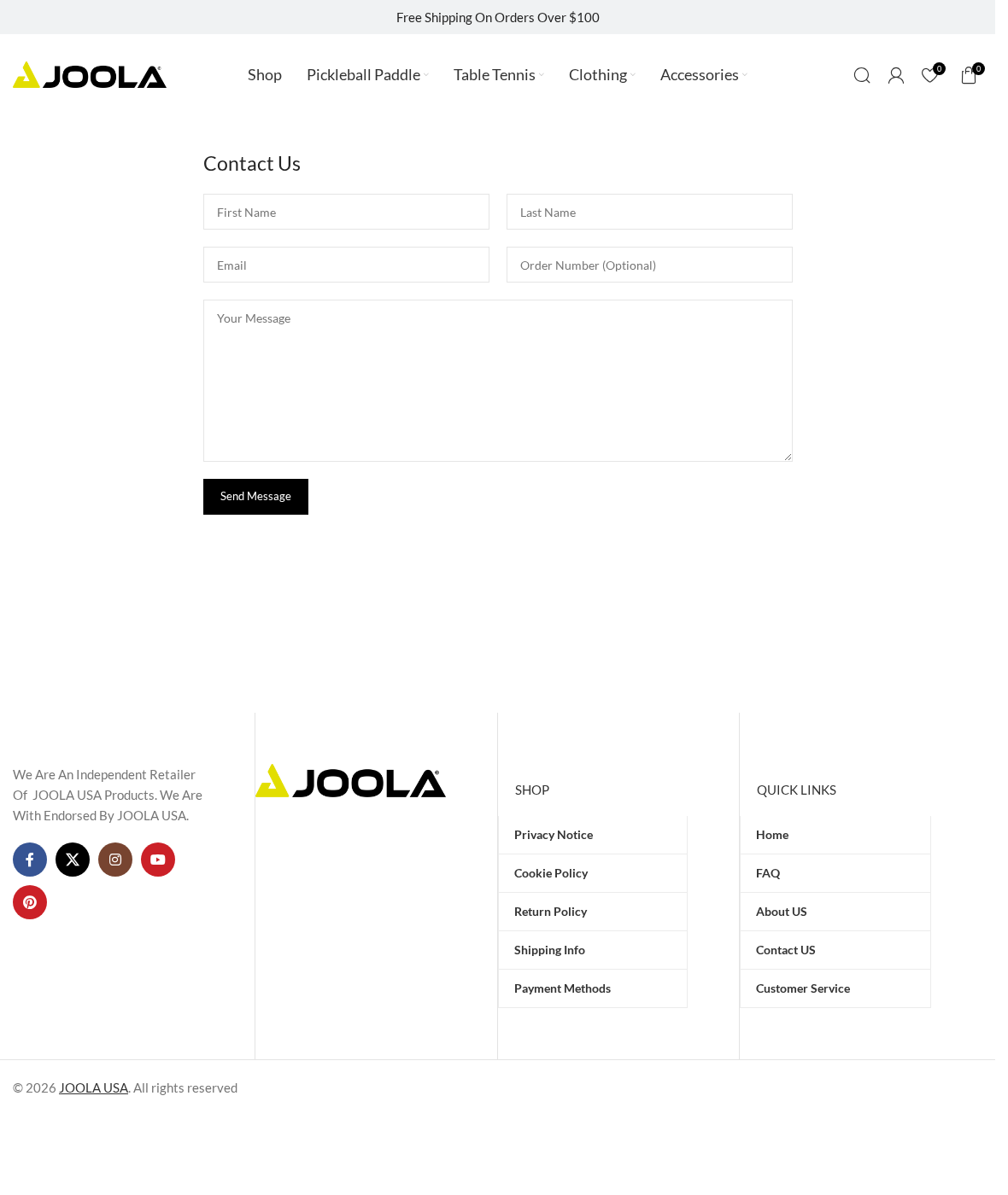 Joolauspickleball.com Review: Official Store Claims and Payment Red Flags 2 Joolauspickleball.com contact form and footer describing an independent retailer without a clear operator identity