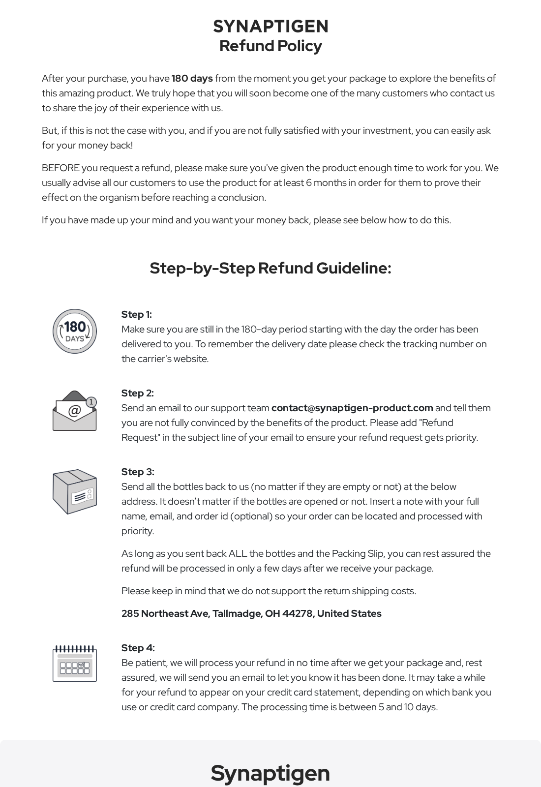 Joshua Carr Egg Toast Recipe EXPOSED - Real or Fake? Full Investigation 2 Synaptigen refund policy showing the 180-day deadline, six-month advice and bottle-return requirements