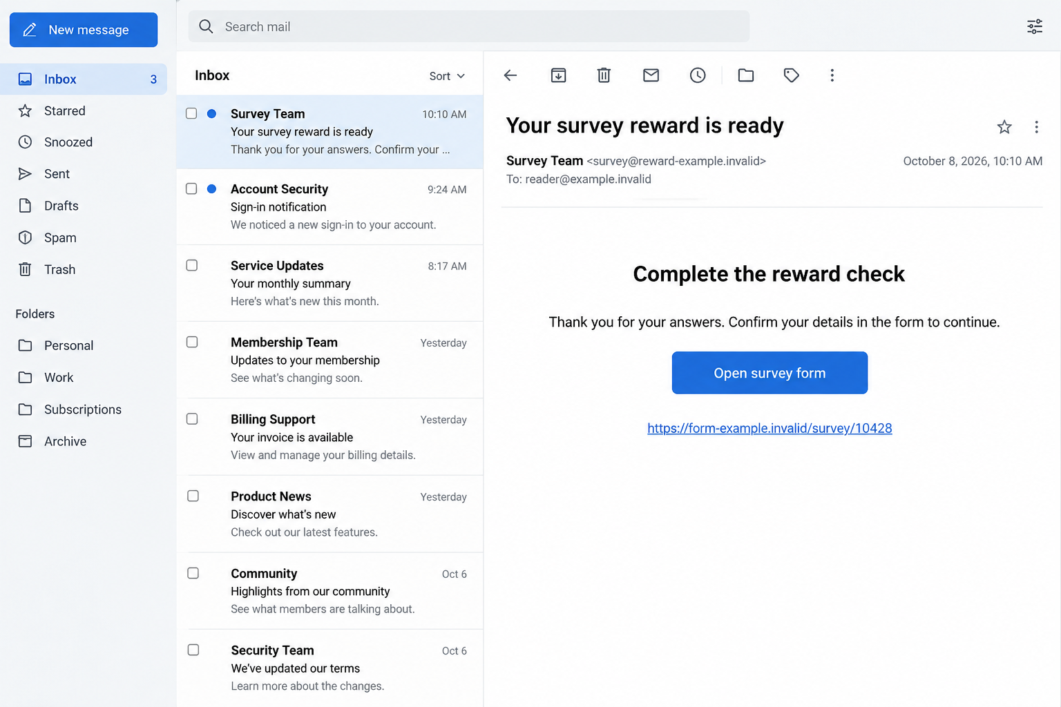 Jotform Scam Warning: Why a Real Form Link Can Still Steal Your Details 1 Illustrative fictional survey-reward email inviting a recipient to an unverified form