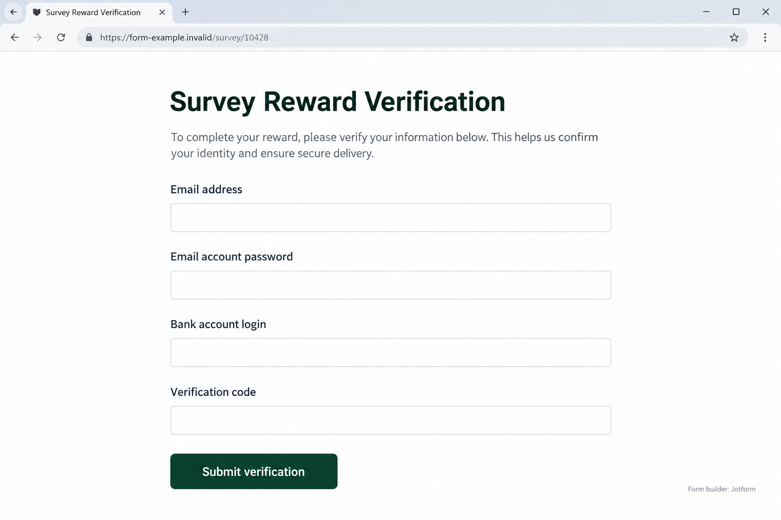 Jotform Scam Warning: Why a Real Form Link Can Still Steal Your Details 2 Illustrative fictional hosted survey form requesting unrelated email and banking credentials