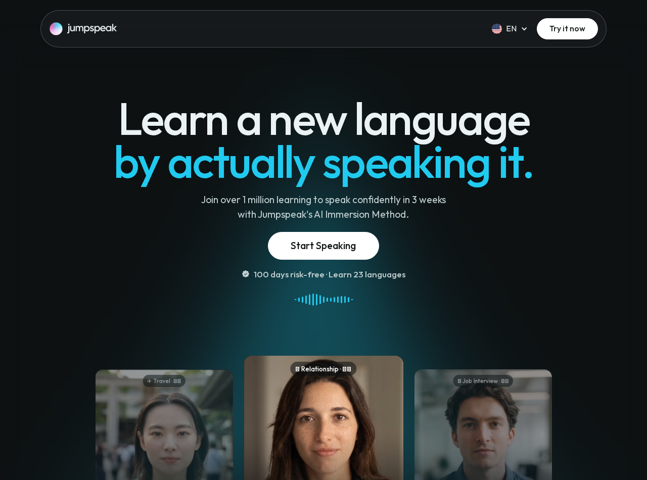 Jumpspeak: Scam or Legit? Auto-Renewals and Its 100-Day Refund Promise 1 Jumpspeak language-learning website advertising AI conversation practice and its 100-day risk-free offer