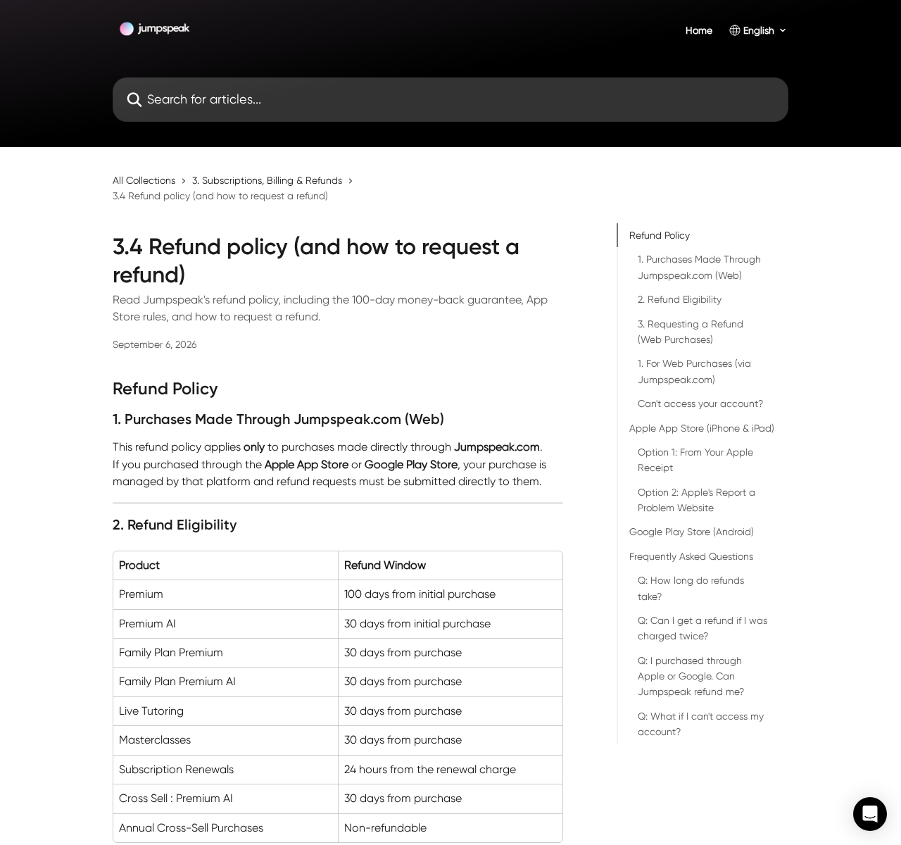 Jumpspeak: Scam or Legit? Auto-Renewals and Its 100-Day Refund Promise 2 Jumpspeak refund help page listing different windows for Premium, Premium AI, other purchases and subscription renewals